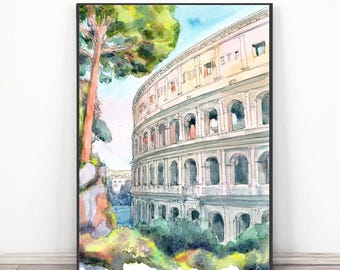 Impressão de arte de Roma, pôster da Itália, pintura em aquarela do Coliseu, arte de parede do horizonte da Europa