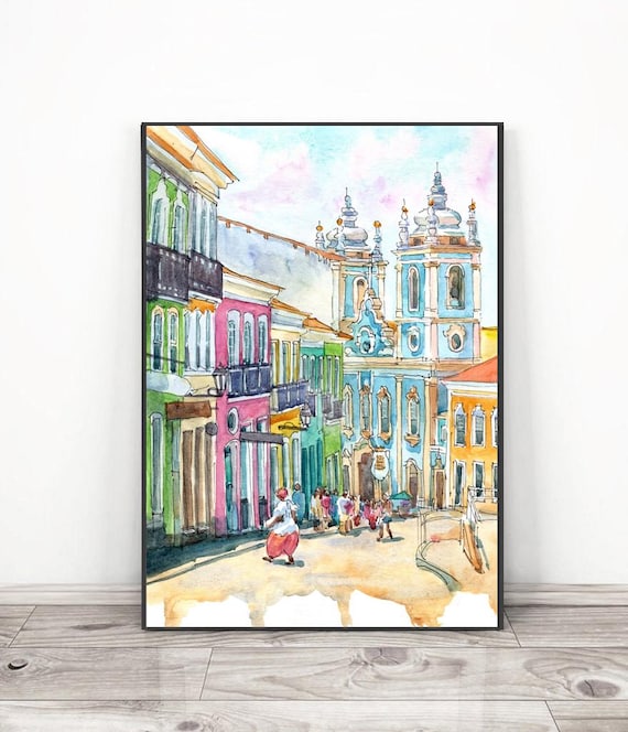サン・サルバドール・デ・バイーアのアートプリント：ブラジルの水彩画