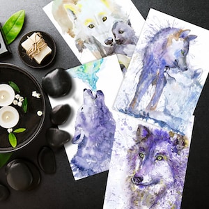 Cartão de felicitações de lobo, pacote de cartões postais de lobos, cartões de notas de belas artes, cartões de felicitações em aquarela com envelope, conjunto de cartões de aquarela de animais