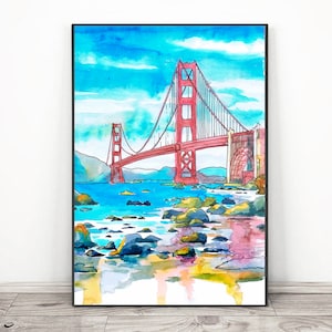 San Francisco Art, Golden Gate Bridge Wall Art  Watercolor Painting ,  California State Parks Landscape Print  Travel Poster