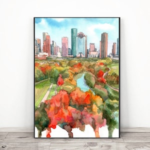 Houston art Print  Texas Watercolor Painting, Hoston Skyline Landscape,  Buffalo Bayou Park Cityscape Travel Poster