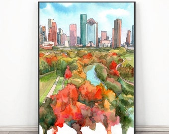 Houston art Print  Texas Watercolor Painting, Hoston Skyline Landscape,  Buffalo Bayou Park Cityscape Travel Poster