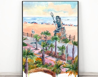 Virginia beach Print Coastal Wall Art,  King neptune statue Watercolor Painting, Sea Landscape, Travel Poster