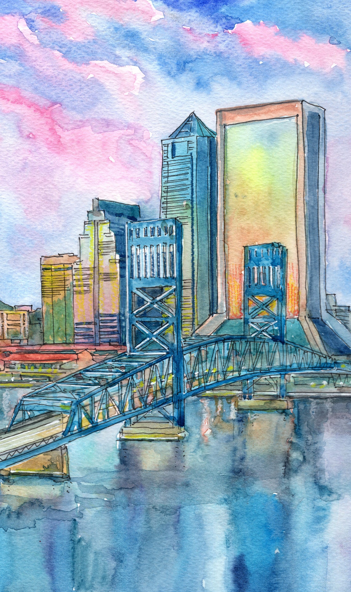 Jacksonville Florida Skyline Art Print City Art Watercolor Etsy