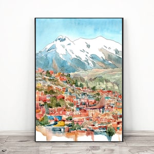 Stampa artistica di La Paz Bolivia, pittura ad acquerello, arte della parete, arredamento del paesaggio del Sud America, poster di viaggio dell'America Latina di Valentina Ra