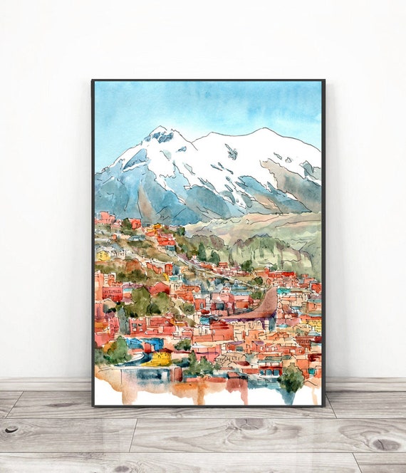 La Paz Bolivia Watercolor Painting: South America Travel Art Print