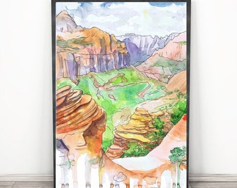 Zion National park Art Travel Poster Watercolor Painting, Hiking wall art