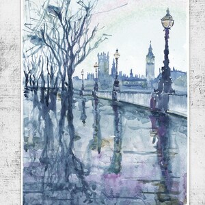 London Watercolor Painting Print: Abstract Cityscape, Big Ben Art