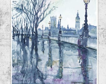 London Aquarell Malerei Druck: Abstrakte Stadtansicht, Big Ben Kunst