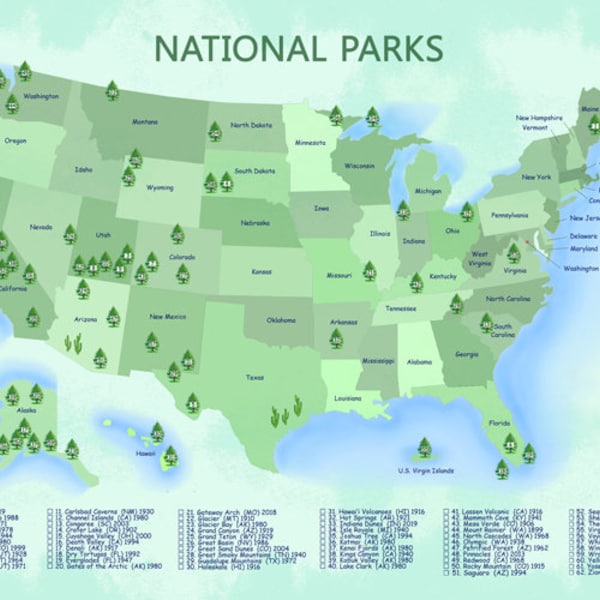 国立公園の印刷可能な地図（チェックリスト付き）、アメリカ合衆国地図ポスター