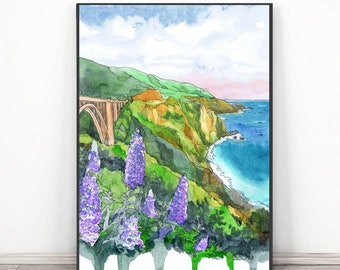Big Sur Art Print Watercolor: California Coast Seascape Painting