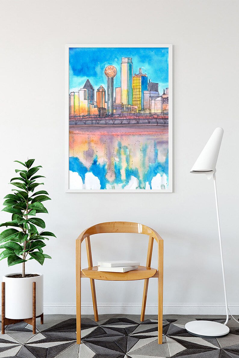 Dallas Skyline Wall Art Cityscape Watercolor Painting Print Etsy