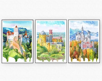 Europe castle prints set of 3 Wall Art , European Watercolor Painting  Germany Landscape, Portugal Travel poster