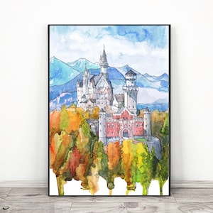 Neuschwanstein painting, Castle Wall art Europe - Germany Watercolor painting  -  Berliner Dom Print