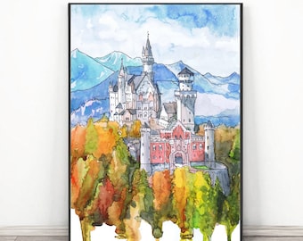 ドイツ ノイシュヴァンシュタイン城の水彩画 絵画