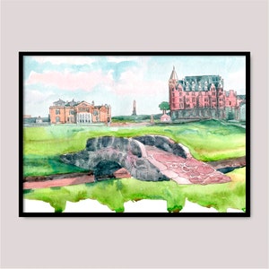 May include: Watercolor painting of a golf course with a stone bridge, a red brick building with a tower, and a green grassy field.