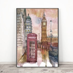 May include: A watercolor painting of Big Ben and the Houses of Parliament in London, England. A red telephone booth is in the foreground, with a street lamp and a bus in the background. The sky is a soft orange and pink.