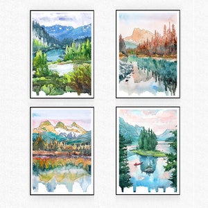 Canada National parks Set of 4 Art prints, Ca Watercolor Mountain Wall Art, Landscape Painting  -  Cascade range , Travel Canada Poster