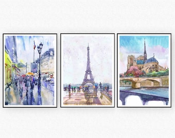 Paris prints set of 3 Wall Art , France Watercolor Painting  French Landscape,  European city print Travel poster