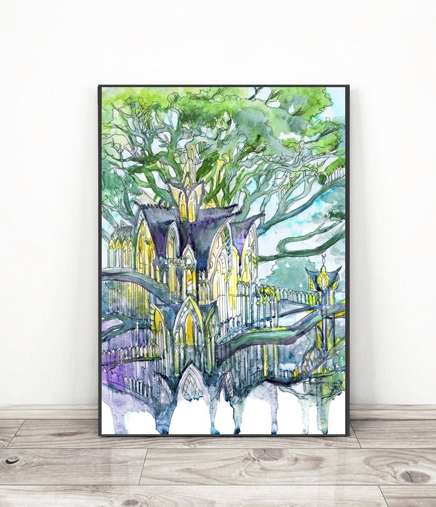 Fantasy Elven City Art Fairytale Forest Print From Original Watercolor ...