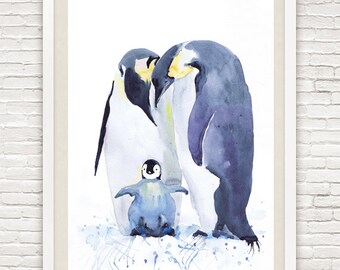 ペンギン、水彩画、ペンギンの家族、北極の保育園、ペンギンの