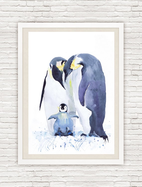 ペンギン、水彩画、ペンギンの家族、北極の保育園、ペンギンの保育園の