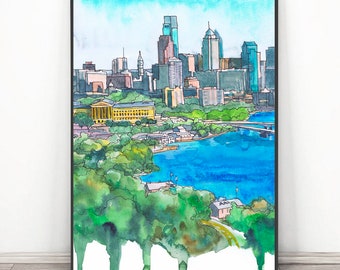 Philadelphia art Print Skyline Pennsylvania Watercolor Painting, Landscape, Philly Cityscape Travel Poster