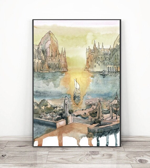 グレイ・ヘイブンズの水彩画：ファンタジー・エルフの街のアート