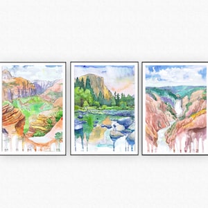 National parks Set of 3 Prints Watercolor Painting - Grand canyon, Zion, Yellowstone, Yosemite, Hiking wall art
