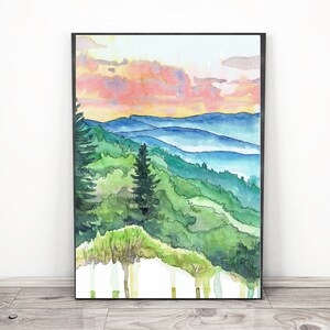 Great rauchige Berge Nationalpark Poster Reise Kunstdruck Aquarell Malerei, Wandern Wandkunst