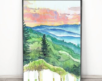 Great smoky mountains National park Poster Travel Art  Print Watercolor Painting, Hiking wall art