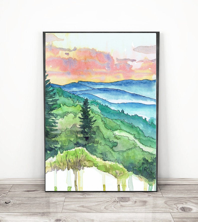 May include: Watercolor painting of a mountain landscape with a pink and orange sunset in the background. The foreground features a lush green forest with trees and rolling hills.