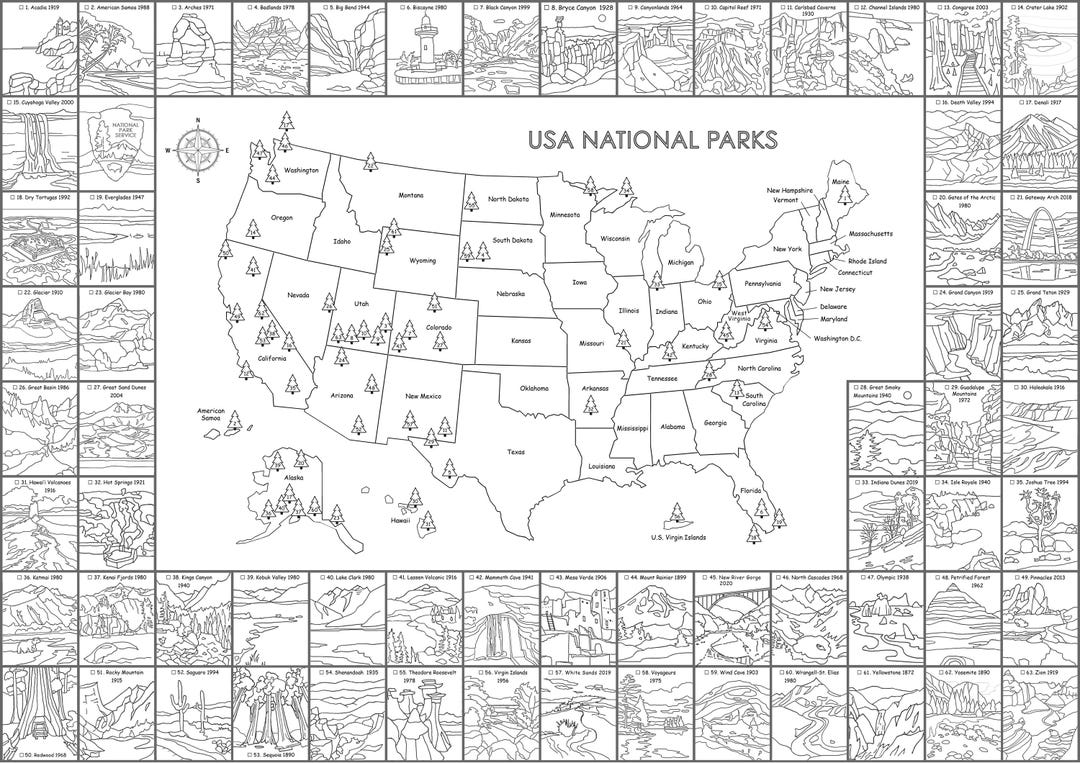 National Park Printable Map With Checklist, Black and White US Map