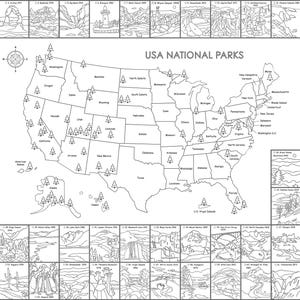 National Park Printable Map with Checklist,  Black and White US Map Poster, Coloring page