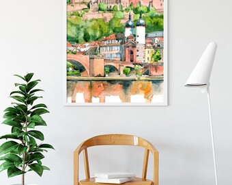 ハイデルベルクの絵画、ドイツ 水彩画、ヨーロッパの城の壁アート