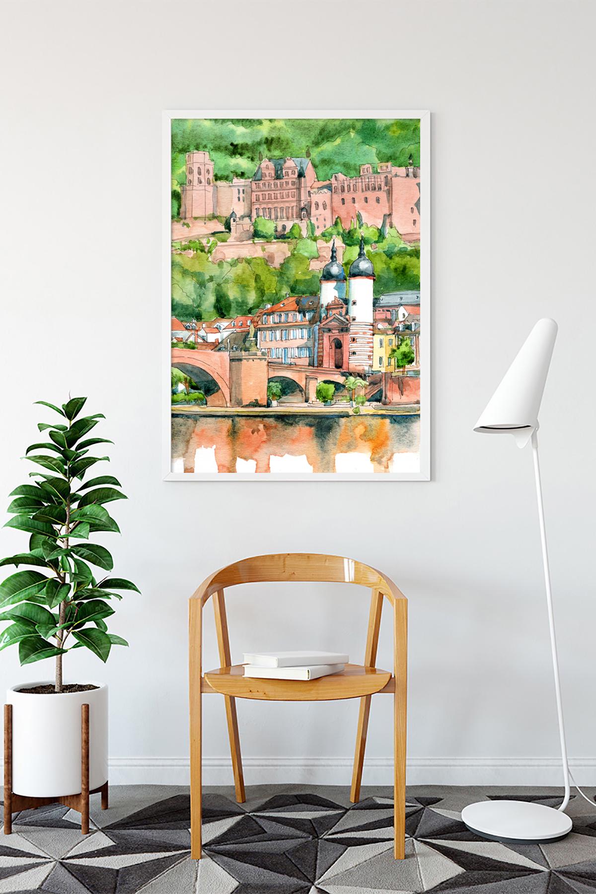 油彩 風景画「ドイツハイデルベルク旧市街の城と橋 」油絵 ハイデルベルクの絵画、ドイツ 水彩画、ヨーロッパの城の壁アート