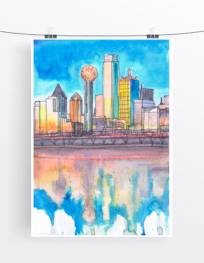 Dallas Skyline Wall Art Cityscape Watercolor Painting Print Etsy