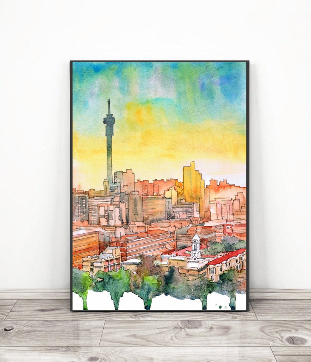 Johannesburg Art, South Africa City Skyline Joburg Art Print Watercolor Painting Travel Poster