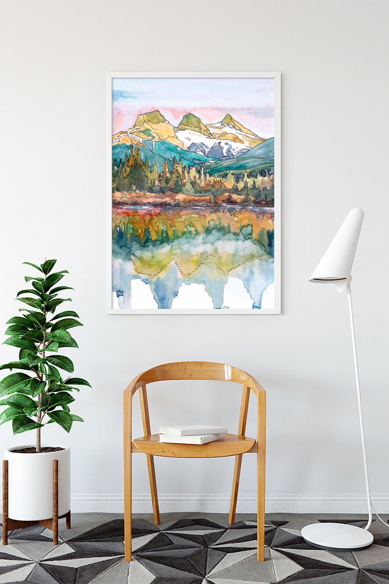 Three sisters Mountain Wall Art Oregon Watercolor Landscape | Etsy