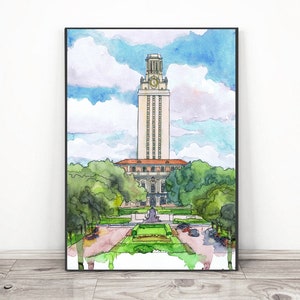 University Of Texas Tower Art, Austin Skyline Watercolor Painting , graduation print