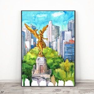 Mexico city art - Angel of Independence Art Print, South America City Skyline - Watercolor painting Travel Poster, cityscape