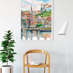 K&ouml;nnte beinhalten: Aquarellgem&auml;lde einer Stadtlandschaft mit bunten Geb&auml;uden an einer Uferpromenade. Die Geb&auml;ude stehen dicht beieinander und haben rote Ziegeld&auml;cher. Vor den Geb&auml;uden befinden sich Boote im Wasser.