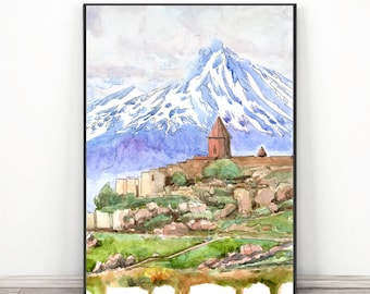 アルメニアのアート、アララト山のプリント、水彩風景画ホル