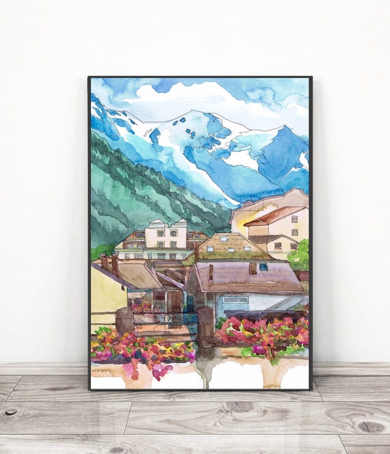 モンブラン山の壁アート、シャモニーの水彩画プリント、フランス