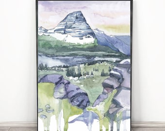 Glacier National park Art, Montana Mountain wall art, Watercolor Painting Print - Hidden lake Poster