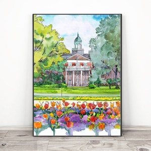 Elon University Art North Carolina  Watercolor painting, Elon College graduation print university poster, Cityscape wall art Alamance Hall