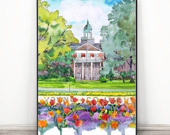 Elon University Art North Carolina  Watercolor painting, Elon College graduation print university poster, Cityscape wall art Alamance Hall