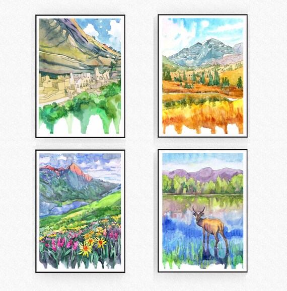 コロラド国立公園の水彩画アートプリント：風景画4枚セット