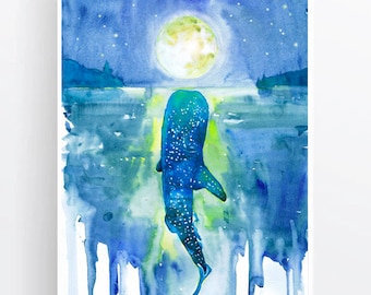 Whale Shark Art Moon Watercolor Painting, Sea Creatures, Space Whale, Sea life Prints by Valentina Ra