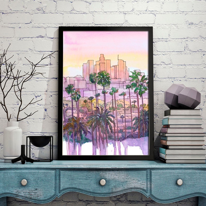 Los Angeles Art Print Skyline Watercolor Painting California Etsy